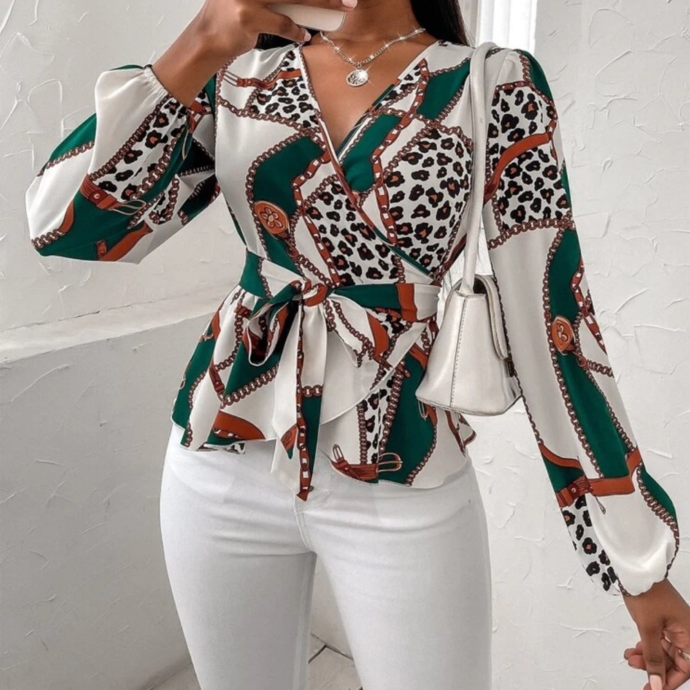 SOLERSUN Chain & Leopard Print Belted Peplum Blouse Peplum Top